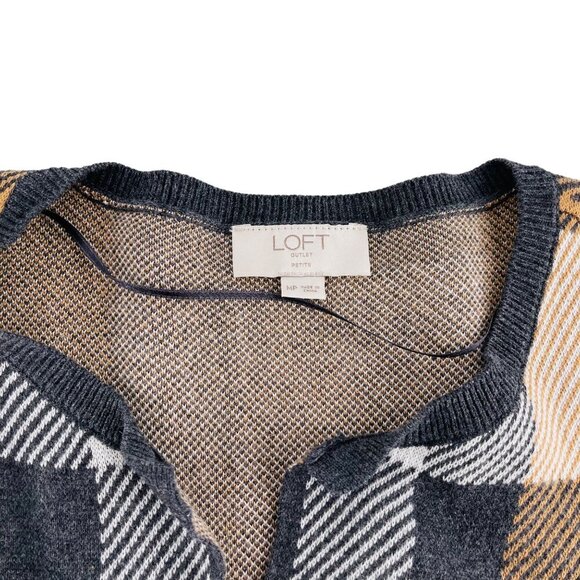 LOFT Plaid Women's Sweater Cardigan Duster Neutral Tones Open Front Size M - Picture 2 of 5